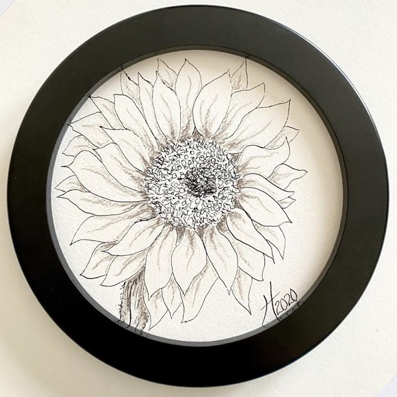 Sunflower Mood - Original Art Round Handmade Pen Pencil Painting Framed 7" - Picture 3 of 6